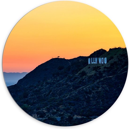 Dibond Wandcirkel - 'Hollywood' Berg Zonsondergang - 100x100cm Foto op Aluminium Wandcirkel (met ophangsysteem)