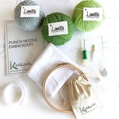 Eco Punch Naald Pakket voor beginners met Groene en zilverkleurige Ecologische Wol en clover punch naald | punch needle starterset | Kleurset GREEN SILVER