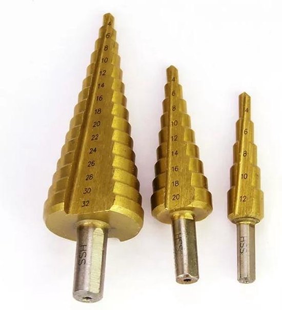 Foto: Stappenboor set 3 delig 3 stuks hss stappenboor set conische plaatfrezen met titanium coating getrapte boor set trapboor stappenboren kegelboor trapgatboor