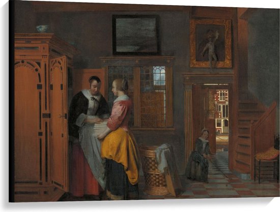 Toile - Maîtres anciens - Intérieur avec femmes près de la lingerie, Pieter de Hooch - 100x75cm Photo sur Toile Peinture (Décoration murale sur Toile)