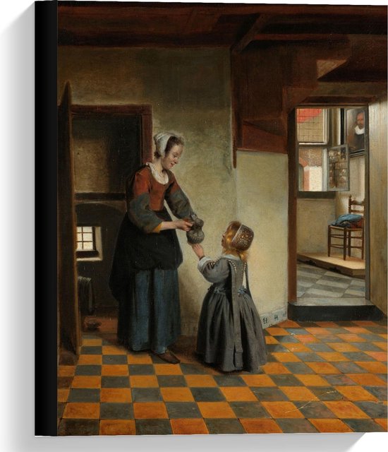 Canvas  - Oude meesters - Een vrouw met kind in een kelderkamer, Pieter de Hooch - 30x40cm Foto op Canvas Schilderij (Wanddecoratie op Canvas)