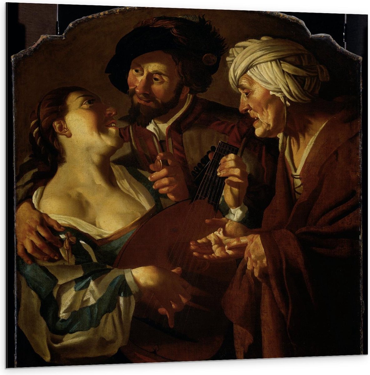 KuijsFotoprint Dibond - Oude meesters - De koppelaarster, Dirck van Baburen - 100x100cm Foto op Aluminium (Wanddecoratie van metaal) Bruin