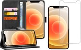 Hoesje geschikt voor iPhone 12 pro - case zwart book cover leer wallet + Screenprotector glas tempered glass screen protector