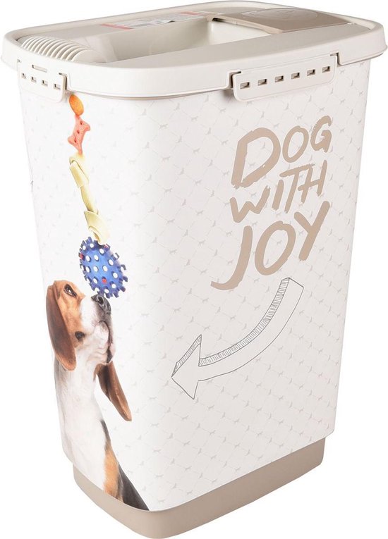 Flamingo voerton hond – June 23,3L – kunststof voercontainer met schep & deksel – luchtdichte hondenvoer opslag – taupe/wit