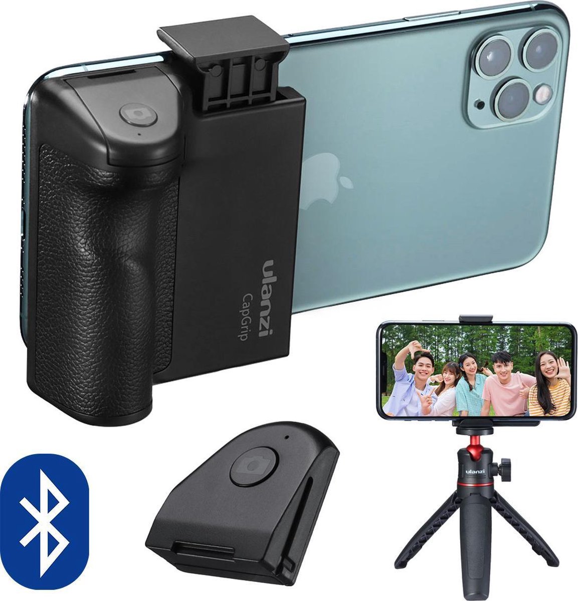 Ulanzi CapGrip smartphone camera grip met Bluetooth afstandsbediening - Universeel tot 8cm breed - 1/4 inch schroefaansluiting - Ulanzi