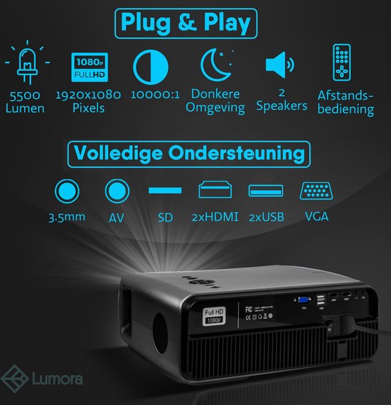 Lumora – Luxe Wifi Beamer – Projector - 5500 Lumen – Full HD – Bluetooth – Ingebouwde Entertainment Apps - Inclusief Kabels – Afstandsbediening – Beamer - Lumora