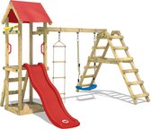 WICKEY speeltoestel klimtoestel TinyLoft met schommel & rode glijbaan, outdoor klimtoren voor kinderen met zandbak, ladder & speelaccessoires voor de tuin