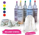 Tie Dye Kit met 5 Kleuren en gymtas - Complete Tie Dye Starterset - Geel, Rood, Violet, Blauw & Groen - 120 ml - Textielverf - Tie Dye tas - Tie Dye Paint - Batik verf