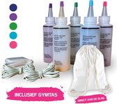 Tie Dye Kit met 5 Kleuren en gymtas - Complete Tie Dye Starterset - Groen, Turqoise, Blauw, Paars en Fuchsia - 120 ml - Textielverf - Tie Dye tas - Tie Dye Paint - Batik verf