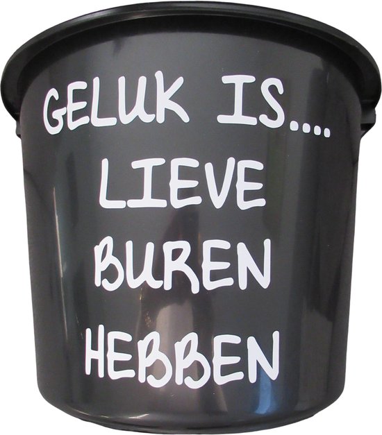 Cadeau Emmer - Geluk is lieve buren hebben - 12 liter - zwart - cadeau - geschenk - gift - kado - surprise