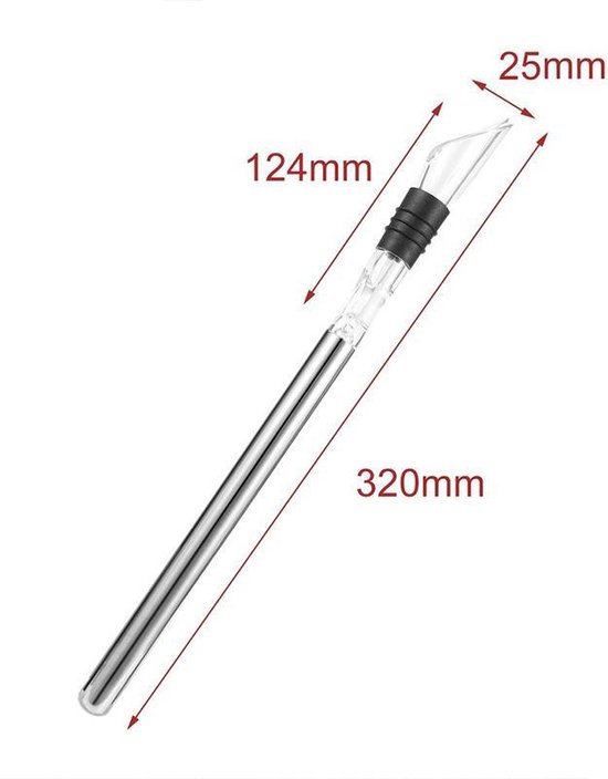 Een zilverkleurige wijnkoeler met transparante schenktuit en zwarte dop. Afmetingen: 320mm, 124mm, 25mm.