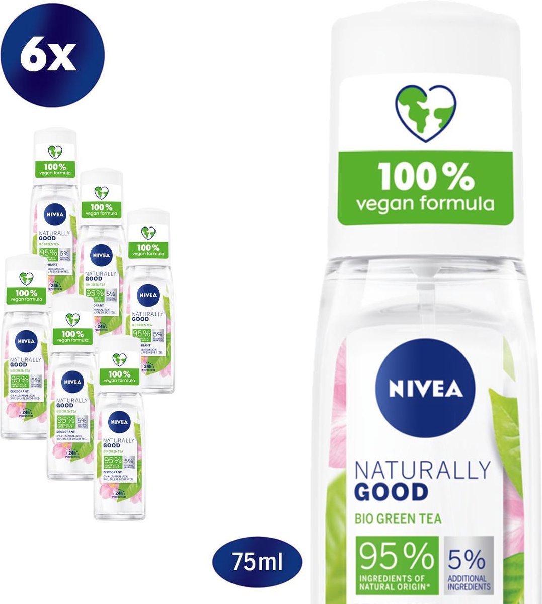 NIVEA Naturally Good Bio Green Tea Deodorant Roller 6 x 75 ml
