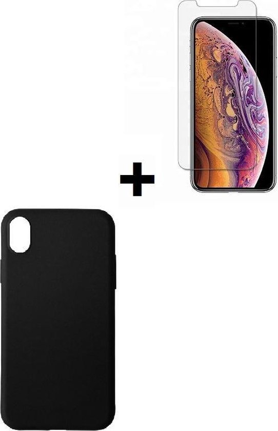 iPhone XR Hoesje Silconen - iphone XR Screenprotector - iphone XR Hoesje Zwart + Screen Protector Tempered Gehard Glas / Glazen