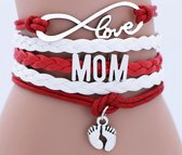 Mama armband - kraamcadeau - moederdag cadeau - rood - baby voetjes, infinity, mom