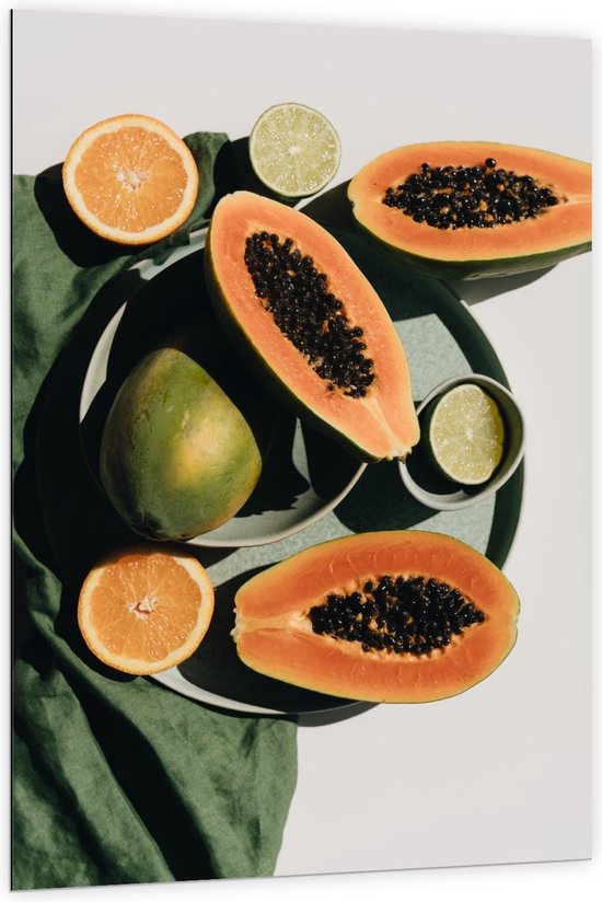 Dibond - Vruchten op een Groene Schaal - 100x150cm Foto op Aluminium (Met Ophangsysteem)
