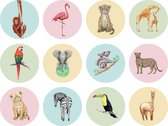 Stickers jungledieren - 24 stuks - Rond 4,5 cm - school kids baby - Geschilderd in aquarel door Mies