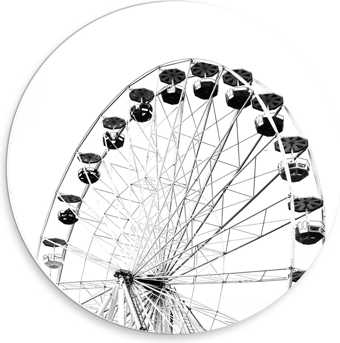 Forex Wandcirkel - Reuzenrad met Parasolletjes (zwart-wit) - 30x30cm Foto op Wandcirkel (met ophangsysteem)