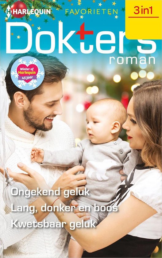 Cover van Harlequin Doktersroman met een gezin dat een baby vasthoudt bij kerstverlichting.
