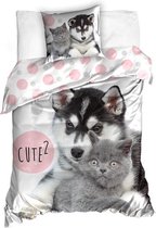 DREAMEE Dekbedovertrek Cute2 Pup en Kitten - Eenpersoons - 140x200 cm - Roze/Grijs