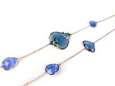 Zilveren halssnoer collier halsketting roos goud verguld Model Bahia gezet met blauwe stenen