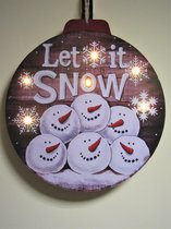 Houten wandbord met LED verlichting - Kerst schilderij - Wandbord als kerstbal - 6 Sneeuwpoppen + Let it Snow - 6 x LED - 30 x 32 x 2,2 cm - B/O - Kerstdecoratie