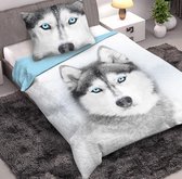 1-persoons dekbedovertrek (dekbed hoes) met husky (hond) met blauwe ogen in de sneeuw / winter KATOEN 140 x 200 cm (cadeau idee!)