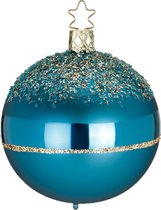 Glitters on Top - Twee Kerstballen Cyaan Blauw met Gouden Glittersteentjes
