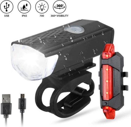 Waterdichte oplaadbare fietslamp voor en achter - 300 lumen - Superfelle fietsverlichting met USB-kabel - Combi deal