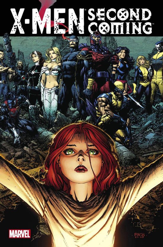 X-Men: Second Coming-stripboekcover met een groep X-Men-personages waaronder Wolverine, Cyclops, Jean Grey en Storm. Een meisje met rood haar staat vooraan.