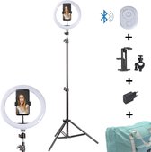 Varin® Ringlamp met 2m statief - LED - 26 cm / 10 inch - 230 cm hoog - Bluetooth remote shutter - Telefoonhouder - Tablethouder - Lichtblauwe tas - Oplader met 2 USB poorten