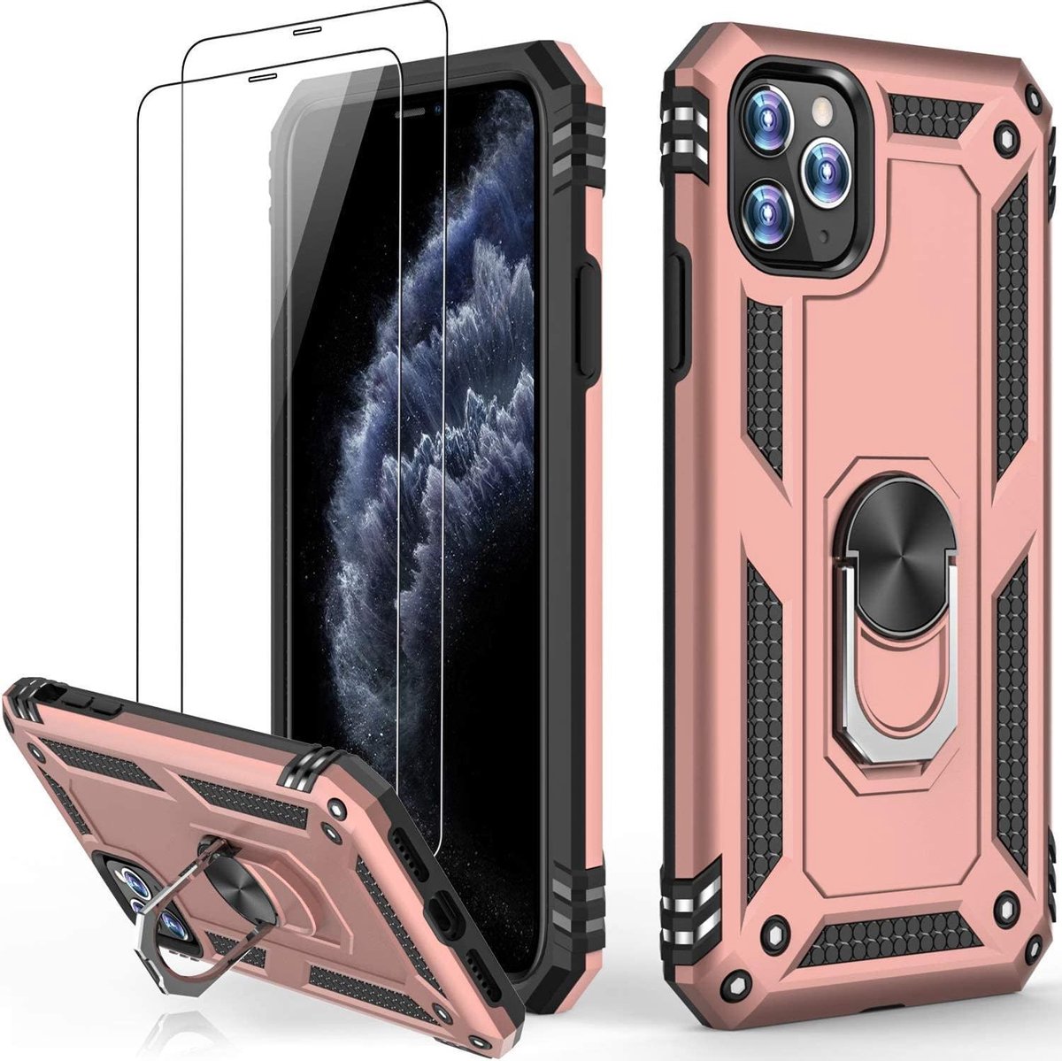 Telefoonhoesje Geschikt voor: iPhone 12 Pro Max hoesje Schokbestendige ring armor met 2X Glas Screenprotector rose goud