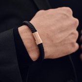 ARMBND® Heren armband - Zwart Touw met Rosé Goud Staal - Maat L - 23 cm lang - Origineel Cadeau voor Man