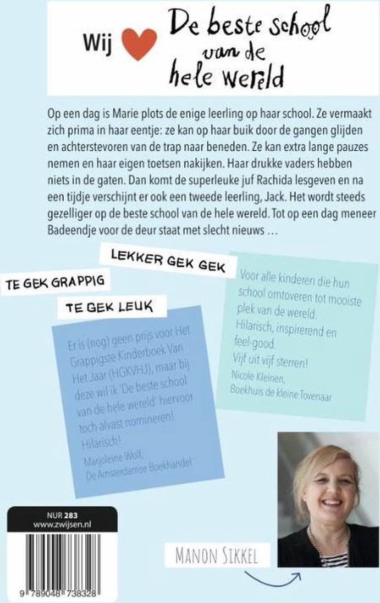 Achterkant boek met tekst en foto van auteur Manon Sikkel.