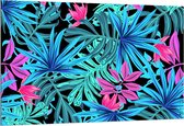 Dibond - Blauw met Roze Bladeren - 150x100cm Foto op Aluminium (Wanddecoratie van metaal)