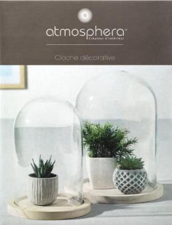 Emballage Atmosphera avec deux cloches en verre sur plateaux en bois, contenant des plantes.