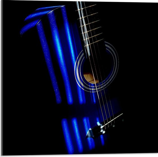 Acrylglas - Gitaar met Blauwe Lampen - 50x50cm Foto op Acrylglas (Wanddecoratie op Acrylglas)