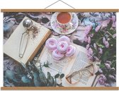 Schoolplaat – Boek met Bloemen en Thee - 90x60cm Foto op Textielposter (Wanddecoratie op Schoolplaat)