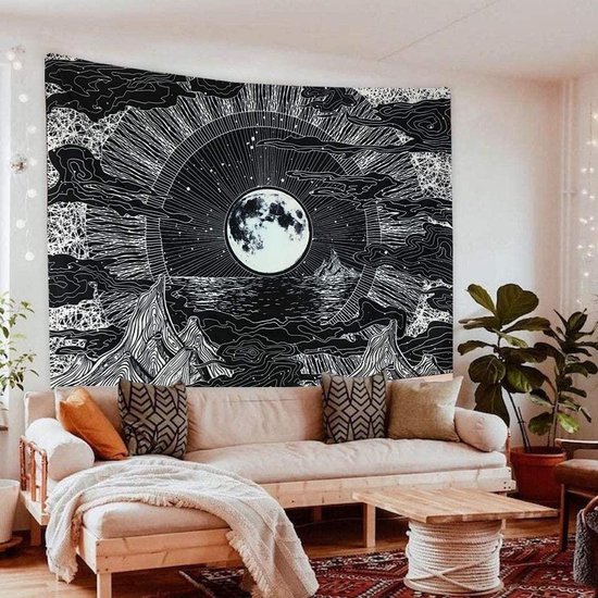 Ulticool Wandkleed 200x150 cm – Maan Sterrenhemel Natuur Bohemian – Met Bevestigingspinnen - voor Binnen - Aesthetic Room Decor Wandtapijt Decoratie Posters Boho Wanddoek Slaapkamer Tarot Kaarten Heks Zwart - Vrouw Man Tiener Meisje
