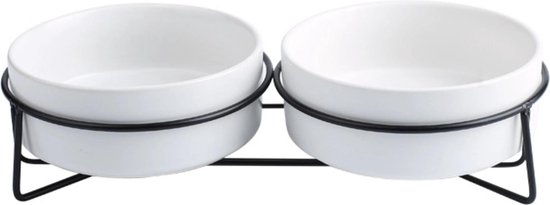GIZMO Voerbak Kat Dubbel - Wit - 2 Keramische Drink- & Voerbakken met Standaard - Drinkbak - 13CM - 400ML