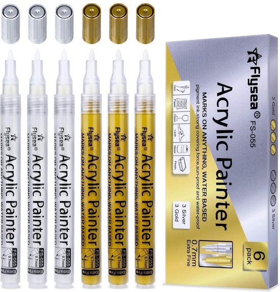 Acrylverfpennen, 6-pack acrylverfmarkeerstiften, 0,7 mm Acryl markers, 3 zilver en 3 gouden verfpennen voor rotsschildering, steen, keramiek, glas, hout, leer, plastic, stof