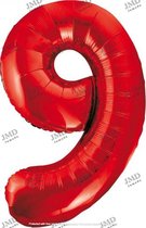 Folie ballon XL 100cm met opblaasrietje - cijfer 9 rood - 9 jaar folieballon - 1 meter groot met rietje - Mixen met andere cijfers en/of kleuren binnen het Jumada merk mogelijk