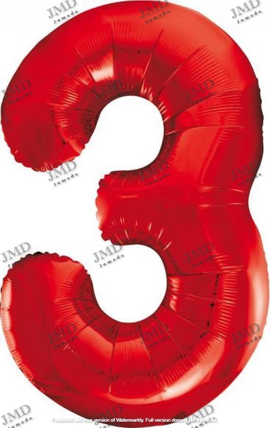 Folie ballon XL 100cm met opblaasrietje - cijfer 3 rood - 3 jaar folieballon - 1 meter groot met rietje - Mixen met andere cijfers en/of kleuren binnen het Jumada merk mogelijk