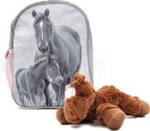 Paarden Peuter Rugzak - 28 cm - zwart/wit foto - Rugtas Kinderen paard - incl Pluche Paarden knuffel - Bruin - speelgoed - Set