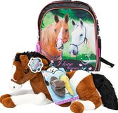 Paarden Peuter Rugzak - 29 cm - Bruin en wit Paard - Rugtas Kinderen paard - rugtas Meisjes - incl. pluche Paarden knuffel Bruin Wit 60 cm