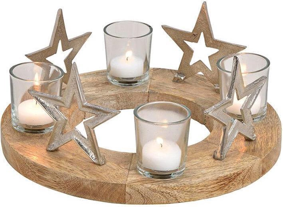 Kaarsen houder kandelaar Ster decor, metaal, glas, mangohout, zilver