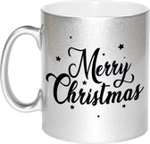 Cadeau kerstmok Merry Christmas met sterren - 330 ml - zilverkleurig - keramiek - mok / beker
