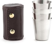 Kikkerland Shotglas - Set van 4 - Inclusief leren hoes - Roestvrij staal - Makkelijk mee te nemen - Cadeau voor man
