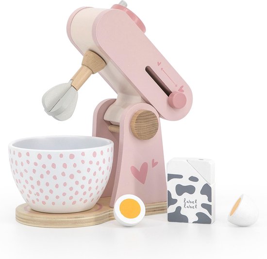 Label Label - Houten Keukenmixer - Roze - Inclusief Kommetje, Ei & Pakje Melk - FSC Hout - Stimuleert Creatief Spelen - Geschikt voor Kindjes vanaf 3 Jaar