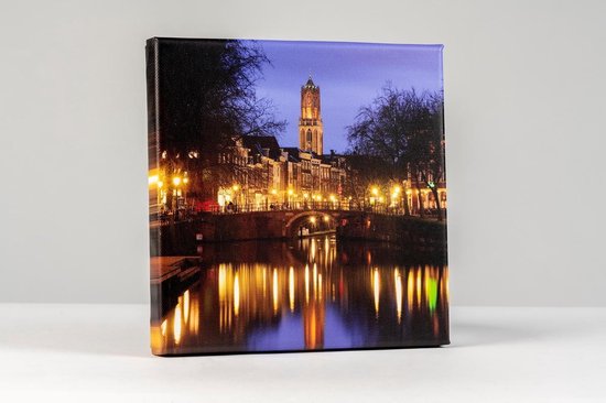 Donker Utrecht Canvas - Zandbrug, Oudegracht en Domtoren - 20x20 cm - fotoprint op canvasdoek - wanddecoratie
