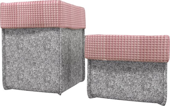 2 stuks Commodemandje – Baby verzorging – Opbergmand kinderkamer – Grijs Roze – Groot + klein